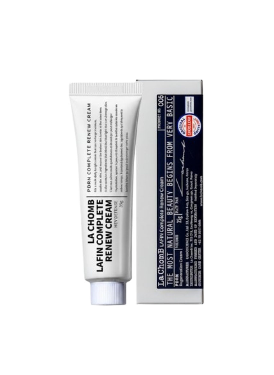 La Chamb Latte Complete Renew Cream tube and packaging on a white background