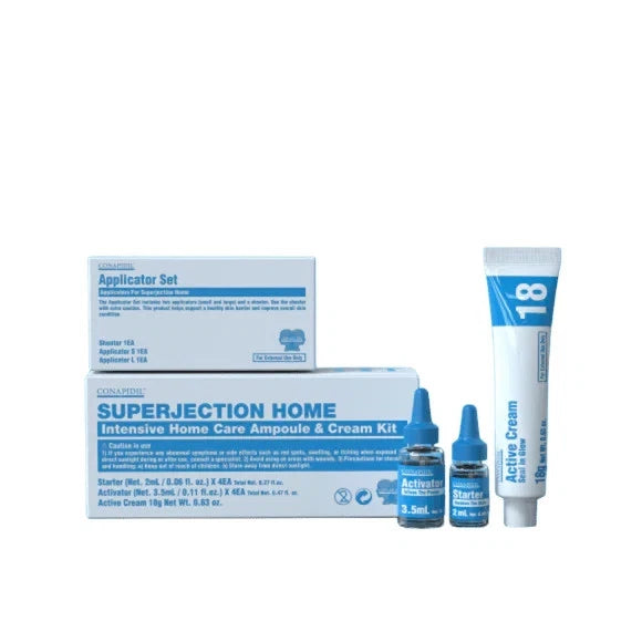 Superjection Home Intensive Home Care Ampoule & Cream Kit with packaging and components on a white background