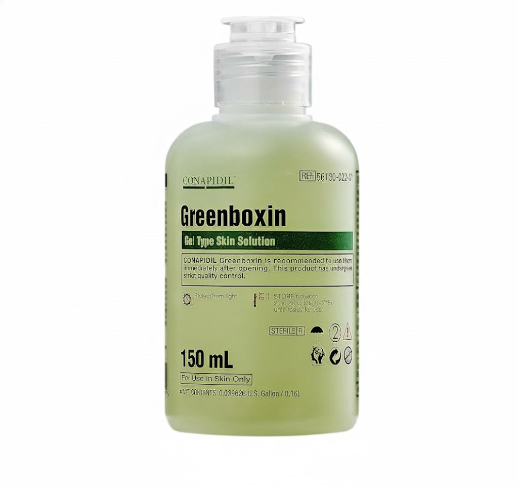 Greenboxin bottle with label on a white background