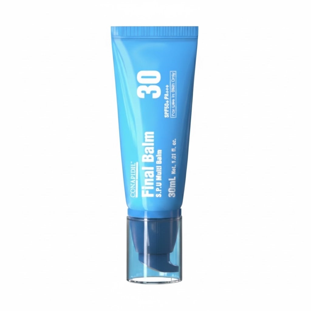 Blue tube of Final Balm SPF 30 on a white background